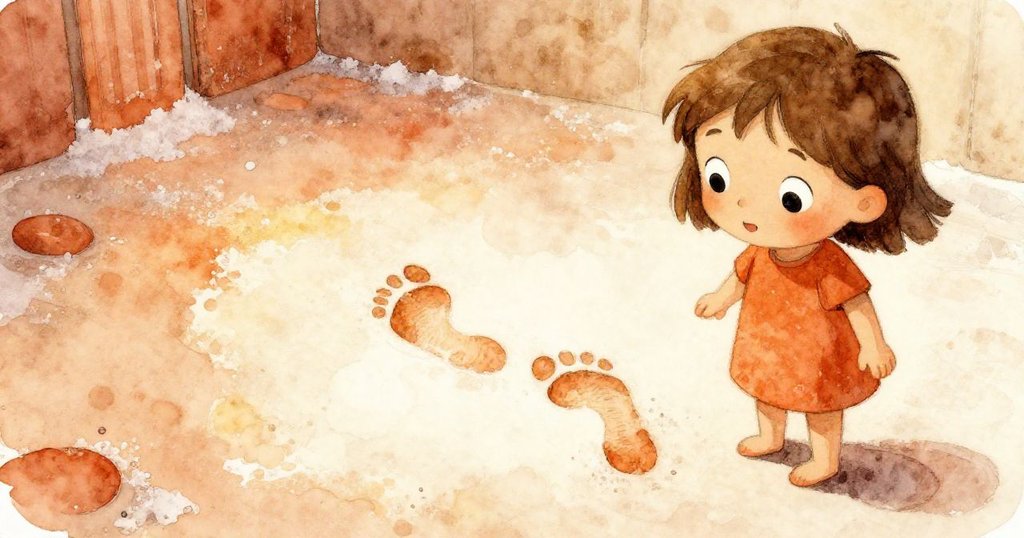 Thea獨自輕觸逐漸淡去的腳印，留下細緻痕跡，臉上流露出靜謐與反思，爐窯氛圍溫柔。