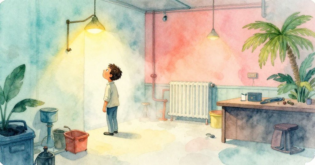 Wade 穿著淺色上衣牛仔褲進入修理鋪,注視著缺溫度計掛鉤的牆面,表情好奇,晨光柔和。