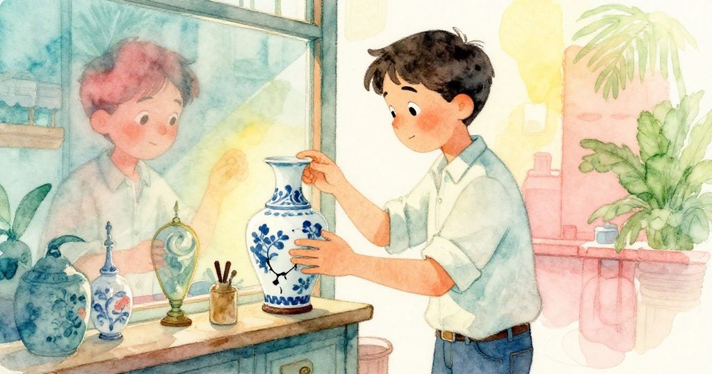 Wade 小心旋轉精緻瓷燈,窗戶映出微碎光影,他臉上流露沉思情緒,室內氣氛柔和。