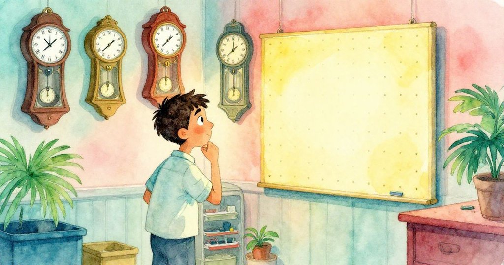 Wade 注視著停擺時鐘及缺鍵展示板,眼神驚訝,室內光影交錯,氣氛中彌漫著謎團。