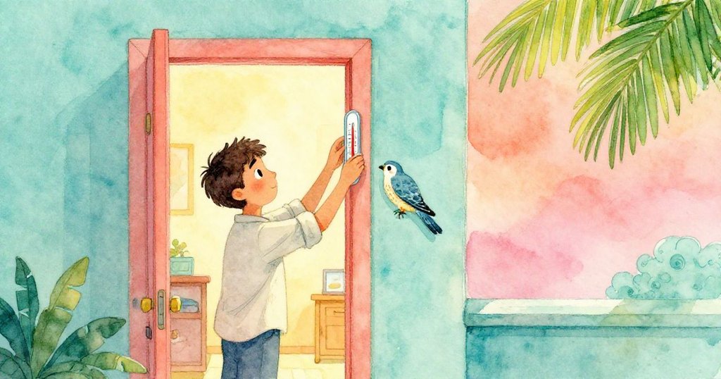 Wade 將溫度計重新掛上,輕擦門框上小鷹圖案,敞開門迎入暖與涼交織的氣息,神情平靜。