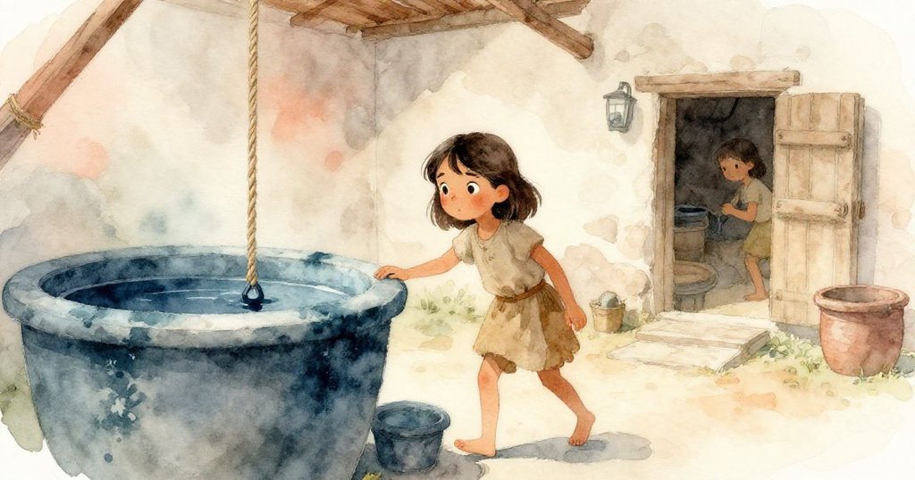 娜迪婭站在門口注視下垂的麻繩與靜止的藍色染缸，晨光輕拂出溫柔神秘的氛圍，充滿好奇與期待。