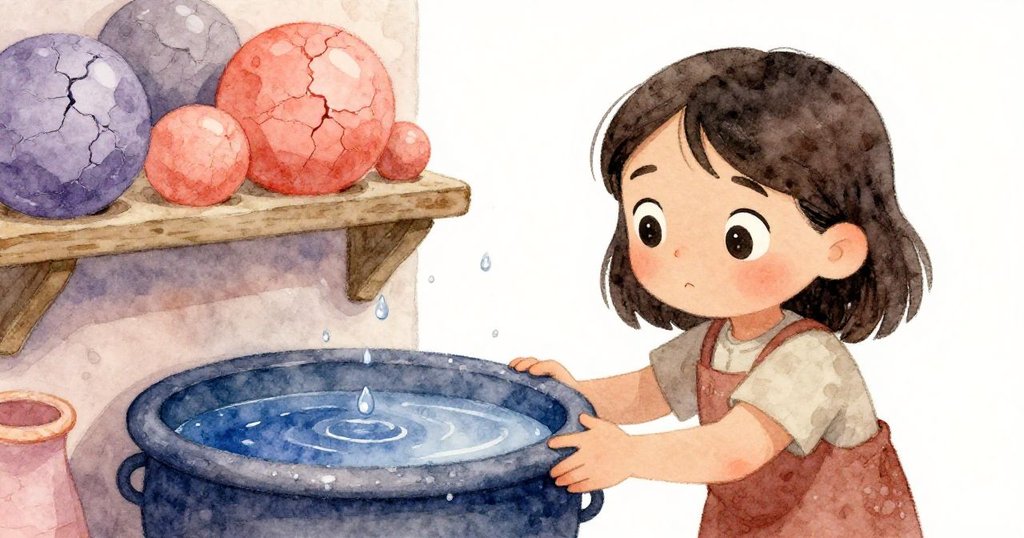 娜迪婭專注地觀察藍色染缸與擺放破裂蜂蠟球的架子，靜謐對比中透出細膩的情緒與故事感。