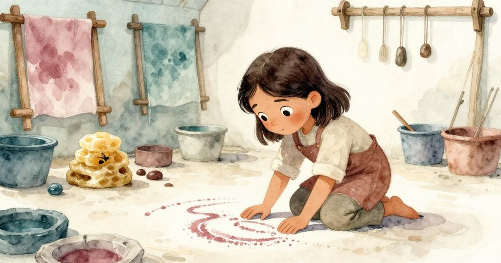 娜迪婭跪於石板旁，輕觸延伸的粉末痕跡，背後陳列著破損蜂蠟與晾曬架，畫面層次分明充滿神秘感。