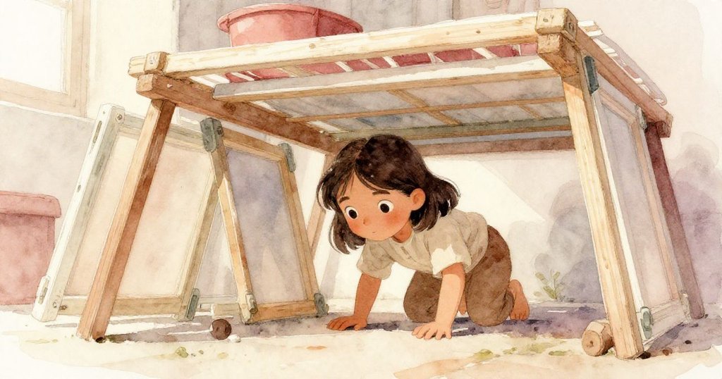 娜迪婭彎腰穿過堆疊的晾衣架，袖子輕拂飄散的粉末，探索新發現的室內角落，動作靈巧而謹慎。