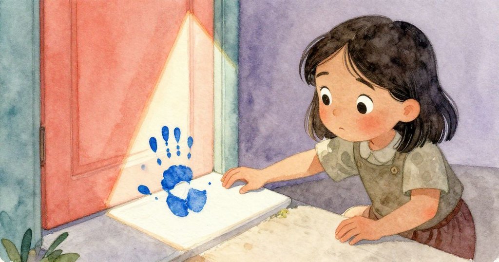 娜迪婭在門口停步，溫暖午後光束聚焦於藍色指紋，她的手微微猶豫，神情透露出探索與懷疑。