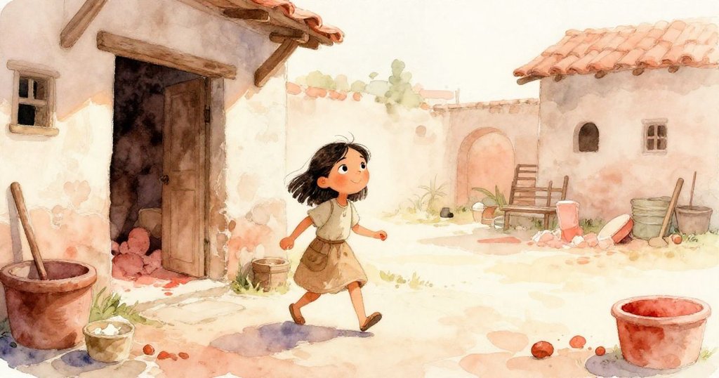 娜迪婭走出染缸房間進入明亮庭院，隨風搖曳的線頭與陽光交織，展現出迎向新未來的堅定希望。