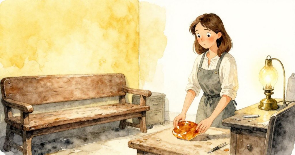 梅布爾在溫暖的舊工作室中，靜靜站在銅燈旁，初晨光線映襯出她專注而平和的神情，展現古樸氛圍。