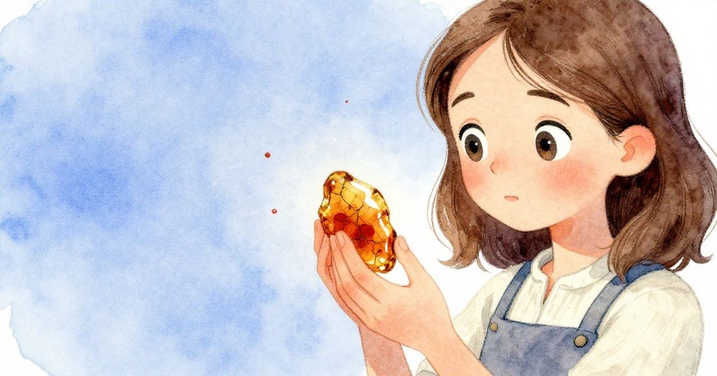 梅布爾凝視著帶裂紋光澤的琥珀，眼神中流露著驚奇與專注，手輕輕觸碰出細膩紋理。