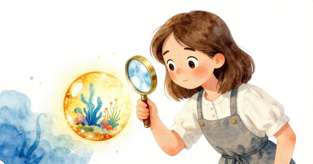 梅布爾透過放大鏡細看琥珀內隱藏的微小水生世界，發現小蠅和甲蟲靜默共處，神情充滿好奇。