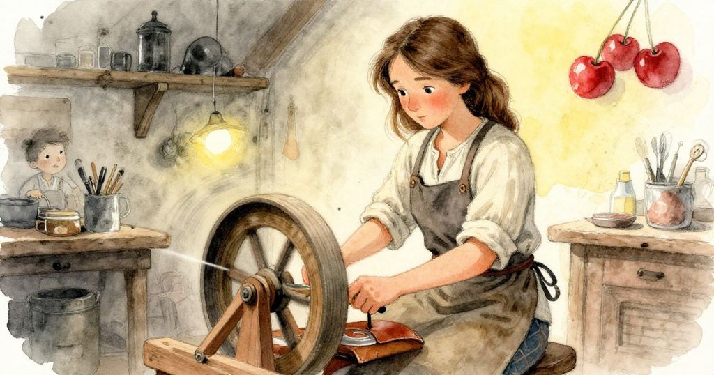 梅布爾忙碌於充滿松香的工作室，用手熟練操控旋轉皮革與琥珀，燈光與動感營造出熱烈氛圍。