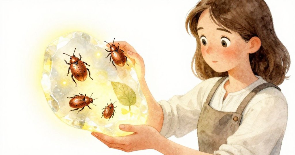 梅布爾專注地用手輕拂琥珀，露出閃著銅光的甲蟲與纖細樹葉，光線柔和展現細膩魔幻感。