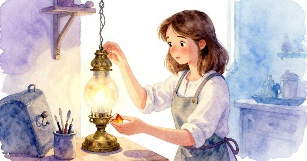 梅布爾安靜將澄清琥珀放回銅燈下，整個工作室在柔和光影中顯露出歷久彌新的神秘與靜謐。