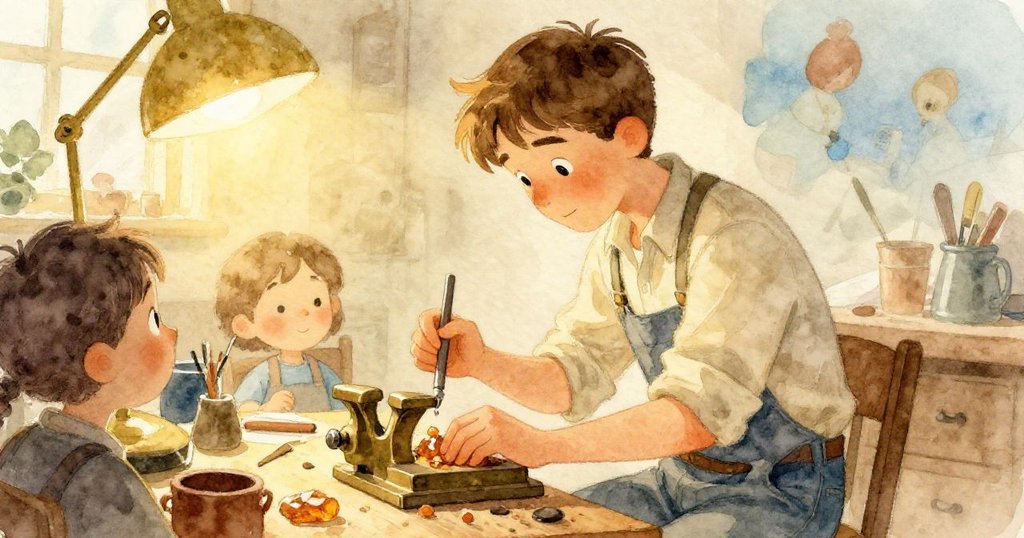 Jude在古舊作坊中用凳子固定琥珀塊，輕柔燈光下仔細敲打，神情專注，背景透出其他工具和物品。