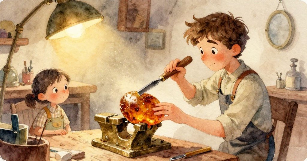 Jude的手拿起放在桌邊的放大鏡，細膩展示工具質感，簡約背景突顯孤單與專注。