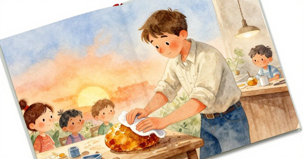 Jude以傾斜視角用布輕輕打磨琥珀，指尖穩健有力，傍晚橙光下展現溫暖專注的工坊情景。