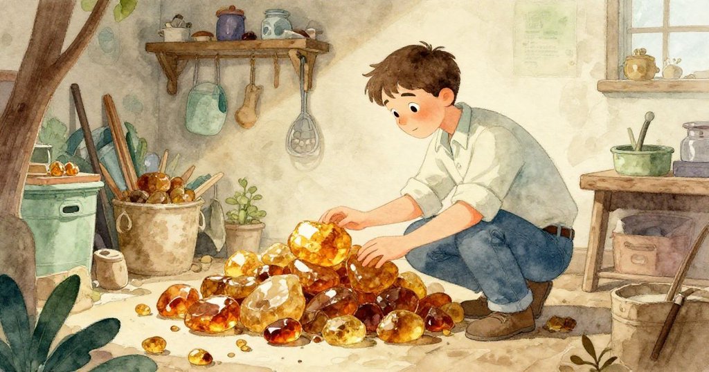 Jude走進昏暗作坊角落，仔細觀察陳舊琥珀堆疊，光影交錯中流露出對歷史的溫柔好奇。