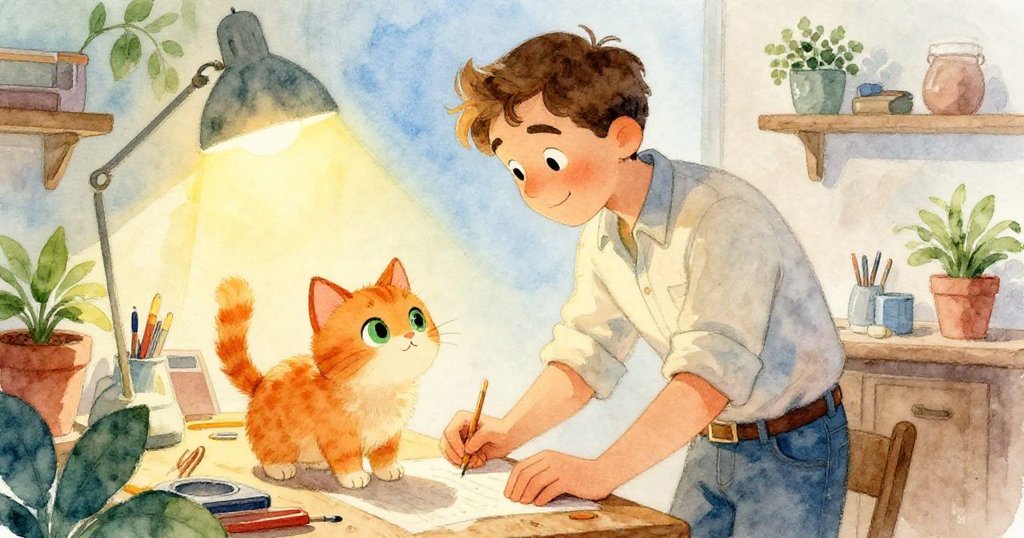 Jude在明亮作坊中微笑工作，小橙貓好奇靠近，溫暖陽光灑落，兩者共享輕鬆互動時光。