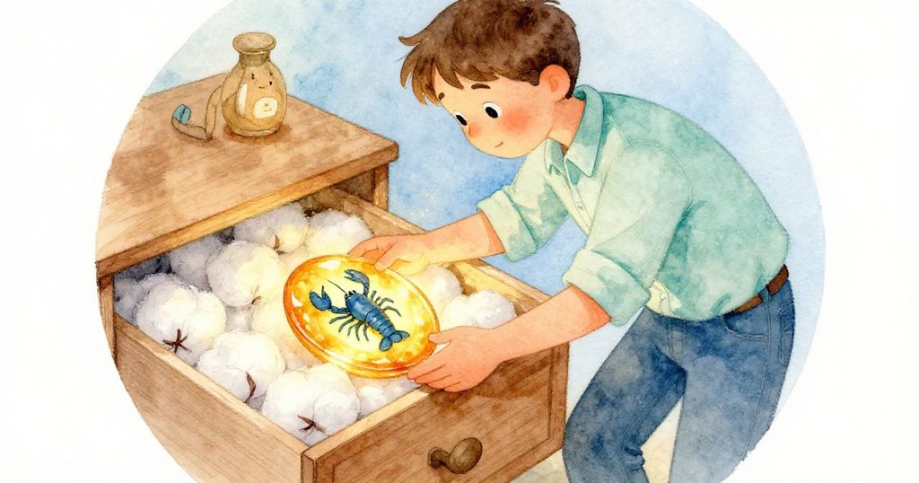 Jude溫柔將發光琥珀橢圓放入棉襯抽屜，臉上沉穩滿足，室內柔光見證發現與成就的靜謐時刻。