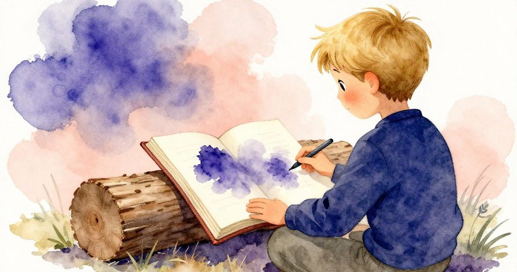 諾埃爾從背後注視著日記，輕翻記錄頁面，指尖觸摸著模糊墨跡，內心流露沉思與往昔風情。