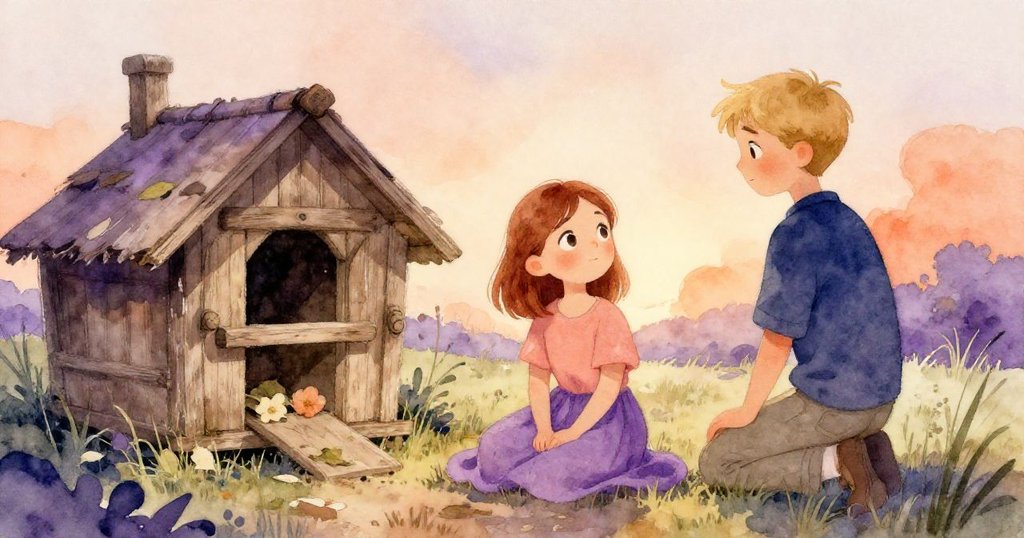 多恩與諾埃爾停步於老舊兔舍旁，微風捲起落葉與花瓣雙雙飄舞，臉上映出驚奇與溫柔的憧憬。