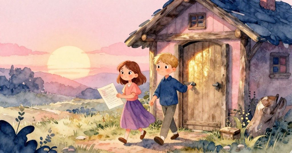 多恩與諾埃爾攜帶圖表離開古舊小屋，夕陽餘暉映照林間小徑，回望中流露溫柔期待與未來希冀。