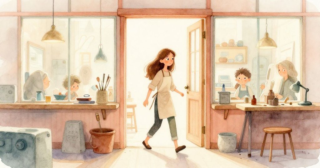 諾拉從木門走入工作室，背景爐火微光映照，她邁步向前，神情專注迎向神秘工坊。