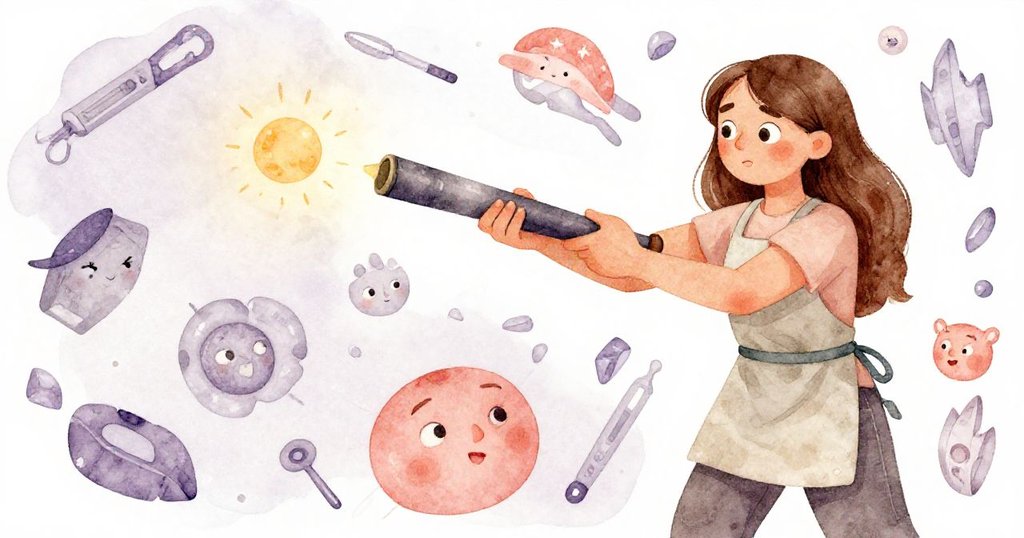 諾拉專注操作吹管，手中發光微球映出溫柔魔法，工具與光影交織，展示創意與技藝。