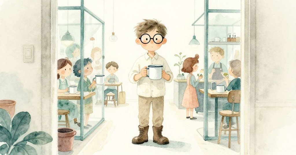 布萊克從儲藏室悄然走出，手捧陶瓷杯，通過半開門窺望工作台，神色好奇且溫柔。