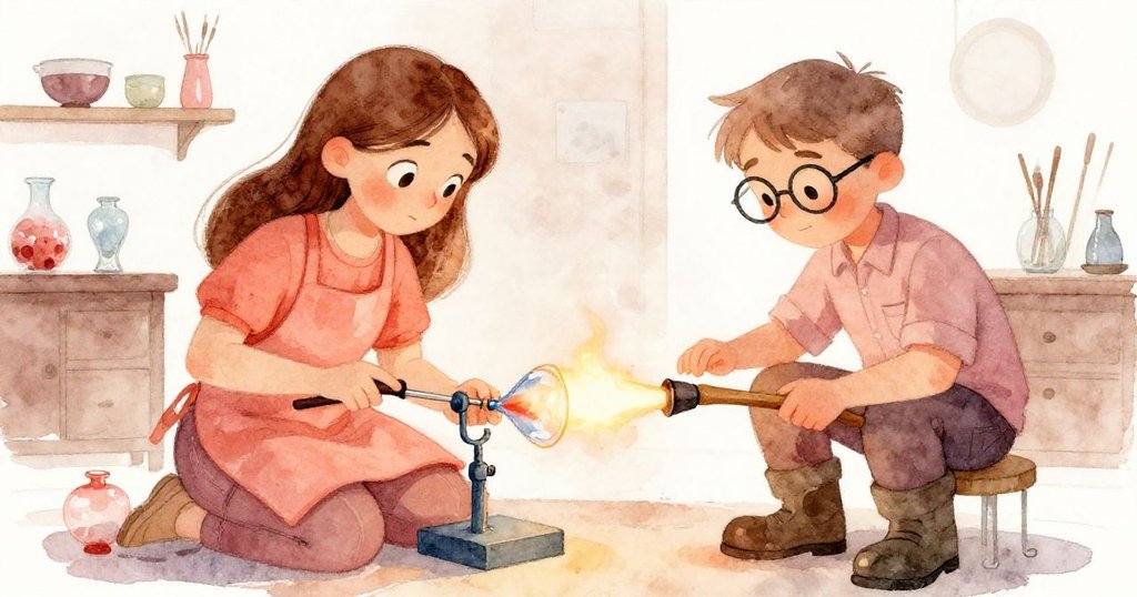 諾拉與布萊克在工作台並肩合作，前者操作吹管導引熔融玻璃，後者用濕木槌迅速降溫，互相配合專注創作。