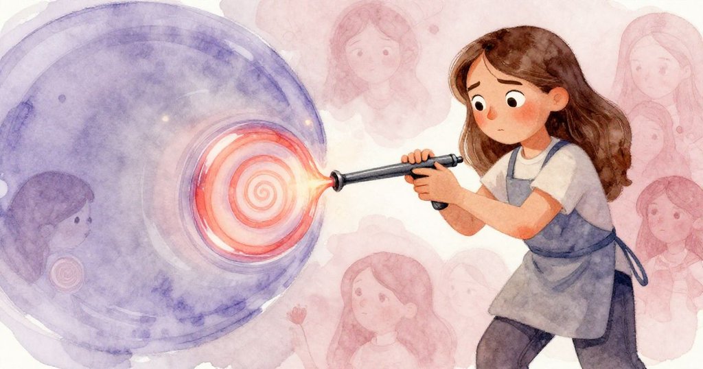 諾拉凝神微啜吹管，面部表情專注凜然，熔融玻璃上螺旋圖案驟然清晰，流露出短暫而神奇的光影魅力。