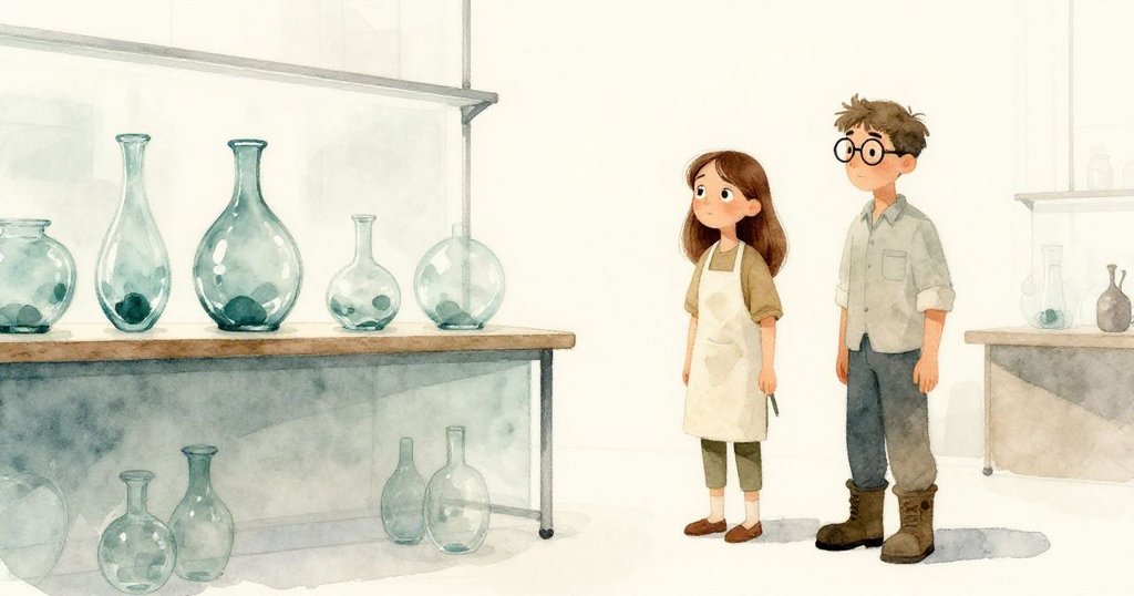 諾拉與布萊克在靜謐的工作室凝視剛冷卻的玻璃，蒸氣消散，餘光依舊流露創作後的平和與滿足。