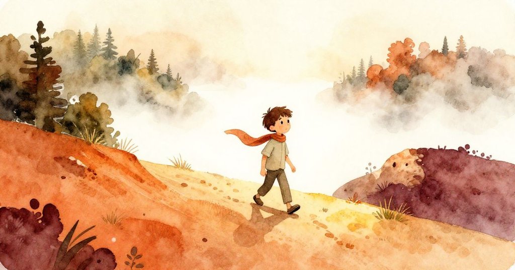 Max在晨霧中沿沙丘前行，輕便背包隨步擺動，風鈴微響映照堅定眼神，景色溫暖寧靜。