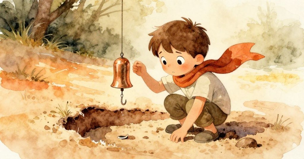 Max蹲於沙凹邊，細察風鈴缺失鉤痕，眼中透出好奇與專注，周遭沙粒靜謐流動。