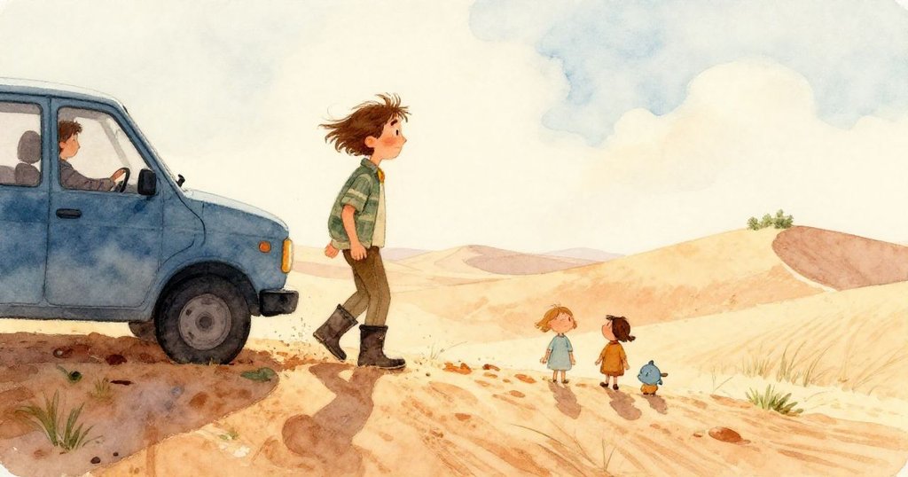 在沙丘邊，一株纖細嫩枝顫抖搖曳，遠處Max默然觀察，展現自然脆弱與環境變遷。