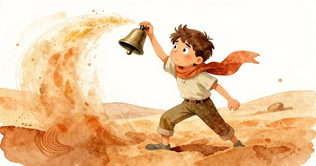 Max在沙塵飛揚中停頓，臉上憂心與堅定並存，輕提受損風鈴，現場氛圍緊張而凝重。