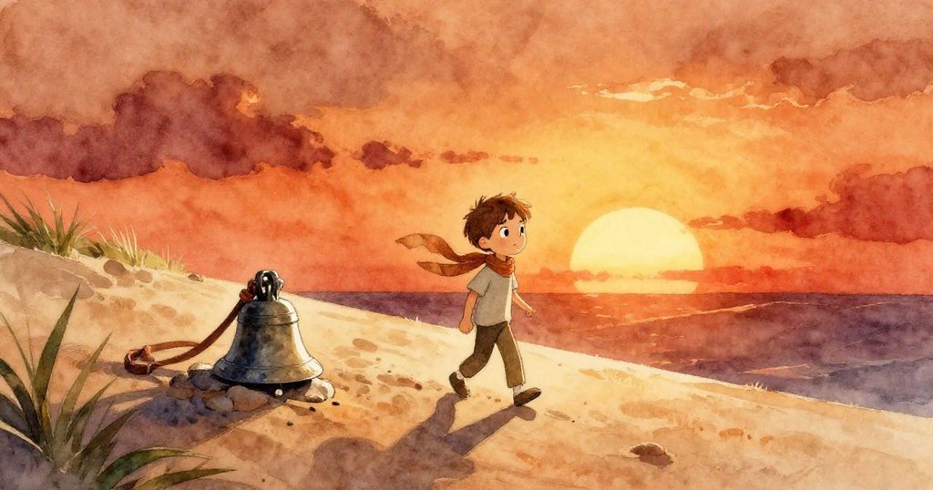 Max離開山頂沙丘，固定風鈴依石片微傾，夕陽下長影延綿，旅程落幕環境靜謐。