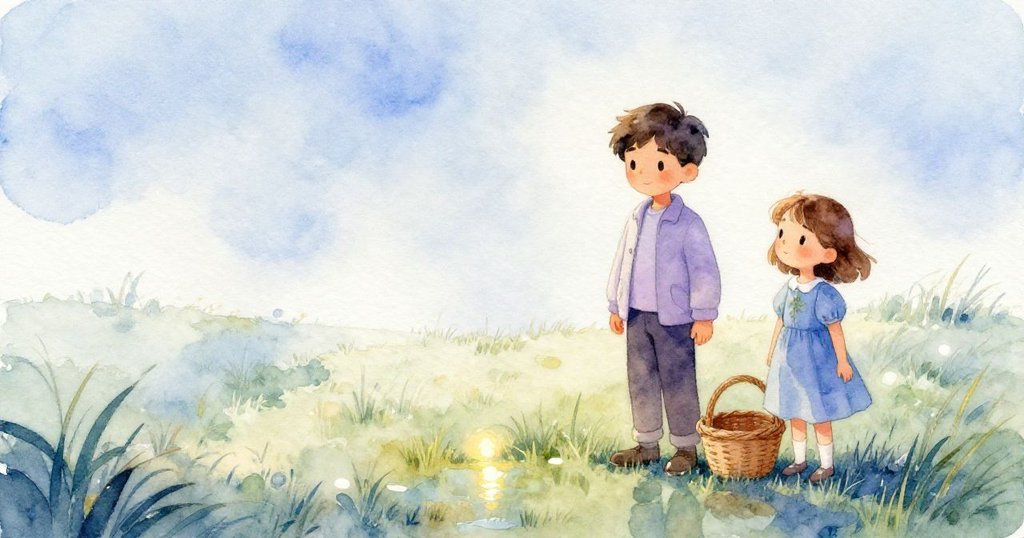 Joel用手觸摸籃緣，Delia在旁凝望，落日餘暉映照草地，柔和神秘氣氛瀰漫。