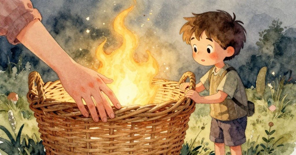 Joel仔細檢視破碎青銅鈴與銅閥細節，籃中編織紋理清晰，金屬光澤與柔和燈光相映襯。