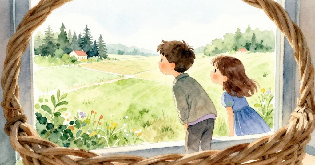 Joel與Delia透過籃口凝視遠處農田，疑惑神情中傳遞沉默之謎，背景中隱現低語犬吠。