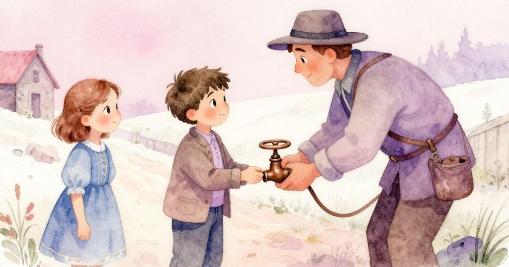 柔和粉紫回憶中，Joel接過旅行修匠贈送的銅閥，Delia目光溫柔追憶，農村路旁充滿懷舊情懷。