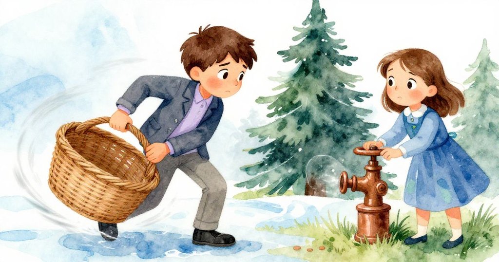 動態中，Joel調整身形試探籃角，Delia穩握銅閥，表情堅定與困惑交織，籃內景物生動晃動。