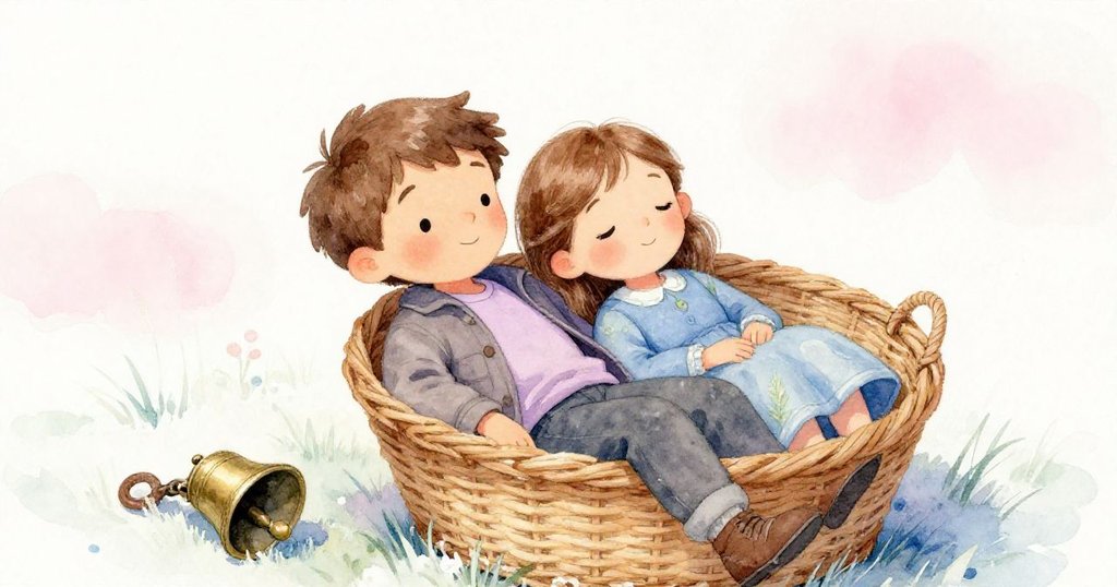 日暮時分，Joel與Delia靜坐於草地籃中，破銅鈴閃爍餘暉，臉上流露寧靜沉思，環境柔和安詳。