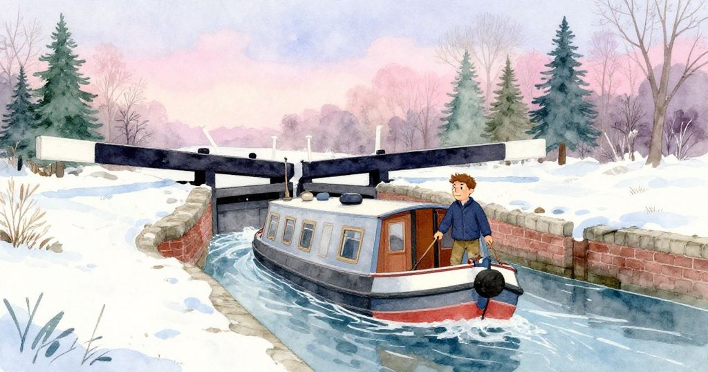 Cruz駕駛小船接近古舊船閘，早晨光線柔和，環境充滿寧靜與期待，展現出動感與希望。