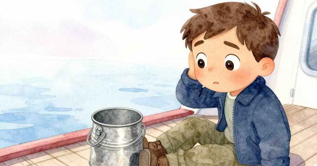 Cruz凝視甲板上微搖的鐵桶，專注探索聲音奧秘，眼中流露出好奇與關注，背景呈現淡雅色調。