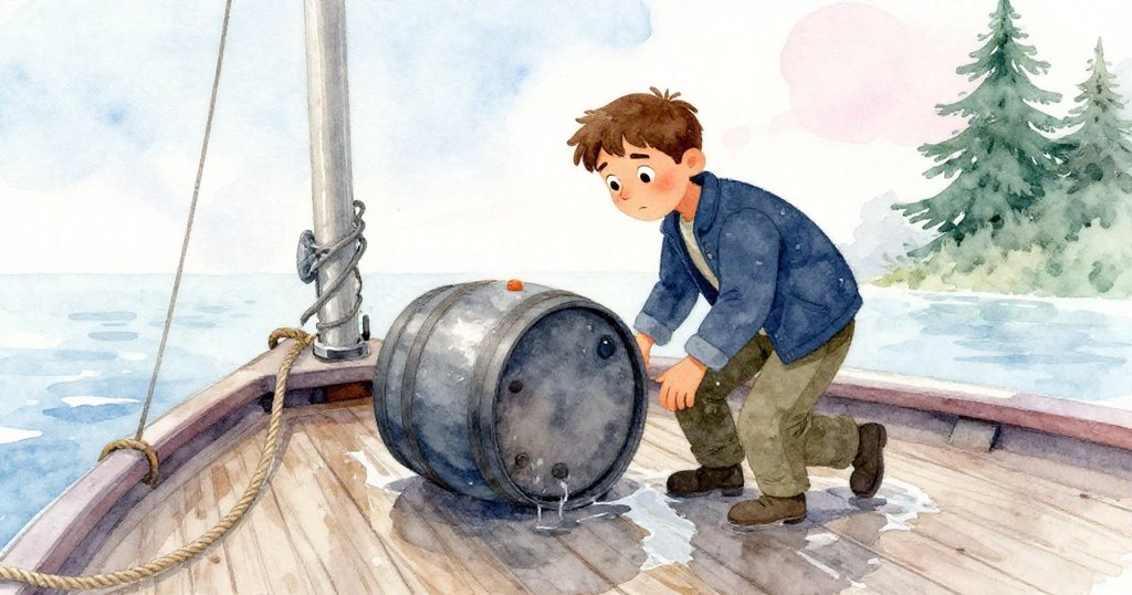 Cruz在船尾仔細檢查輕微移動的木桶，濕繩在甲板上留下一道神秘弧線，畫面帶有淡淡懷舊色調。