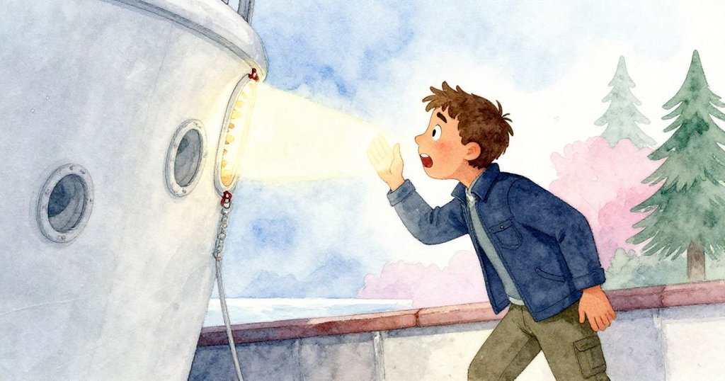 Cruz注視著從艙口縫隙透進的一絲光芒，臉上流露驚喜與期待，水位上升映出迷人對比色。