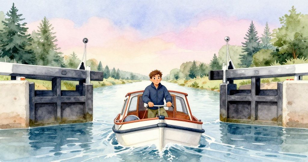 Cruz操作推進器，小船滑過打開的閘門，向著寬闊水面前進，臉上透露堅定與平靜，展現新旅程開展。