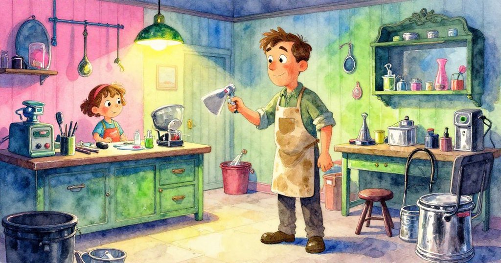 Ned在充滿工具與木質桌面的修理鋪中,用掃帚清理地板,神情專注,燈光溫暖,展示開始清潔的過程。