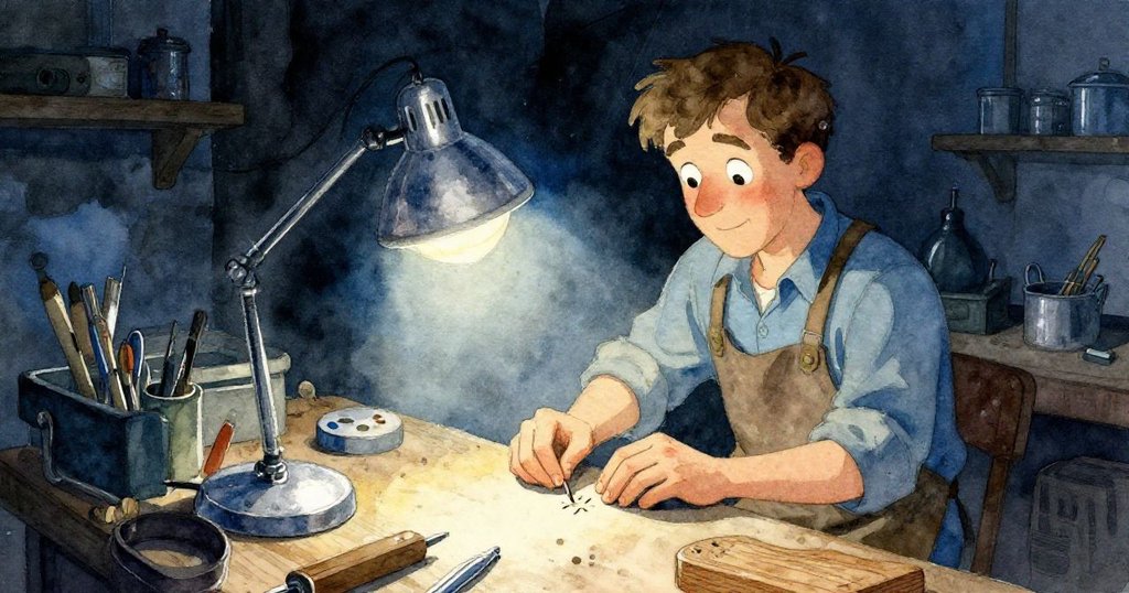 Ned仔細檢查工作台上細小坑痕與木製接合處,燈光聚焦物件細節,神情專注,環境層次分明,展現探究過程。